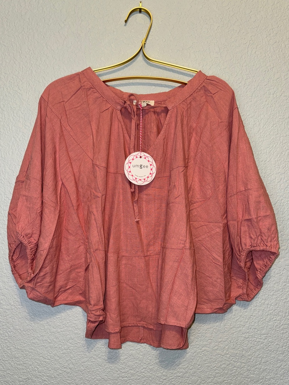 Umgee Linen Blend Peasant Boho Dolman Sleeve Top in Rose - Size L NWT